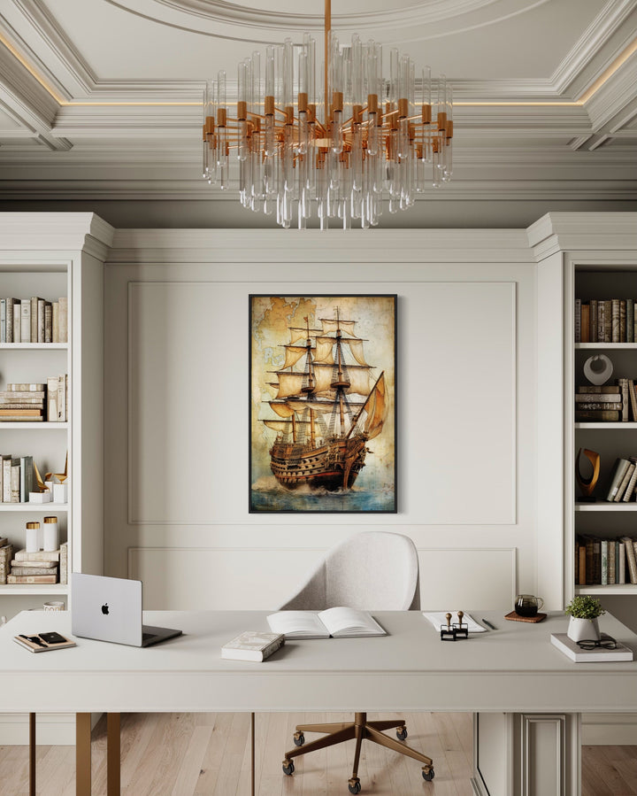 Pirate Ship On Antique Treasure Map Nautical Wall Art in modern office
