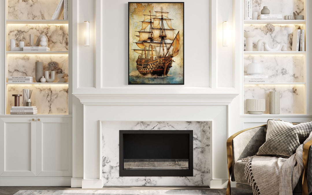 Pirate Ship On Antique Treasure Map Nautical Wall Art above fireplace