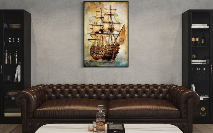 Pirate Ship On Antique Treasure Map Nautical Wall Art above brown couch