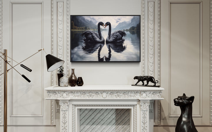 Black Swans In The Lake Canvas Wall Art above fireplace