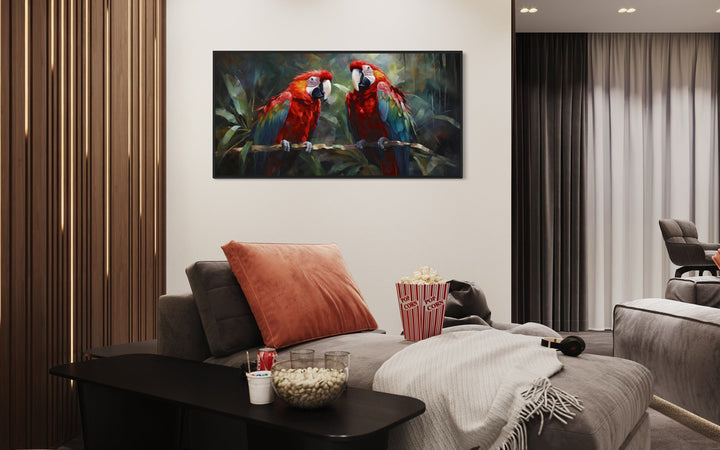 Two Red Macaw Parrots In Tropical Rainforest Framed Canvas Wall Art in man cave