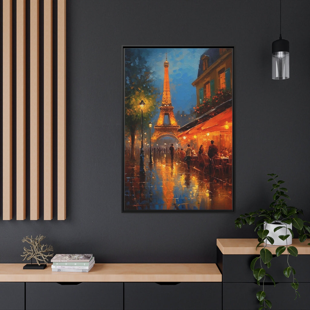 Eiffel Tower And Paris Street Cafe Framed Canvas Wall Art