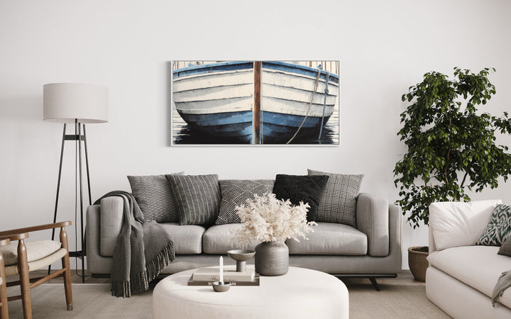 Blue White Rustic Boat Wall Art For Lake House above grey couch