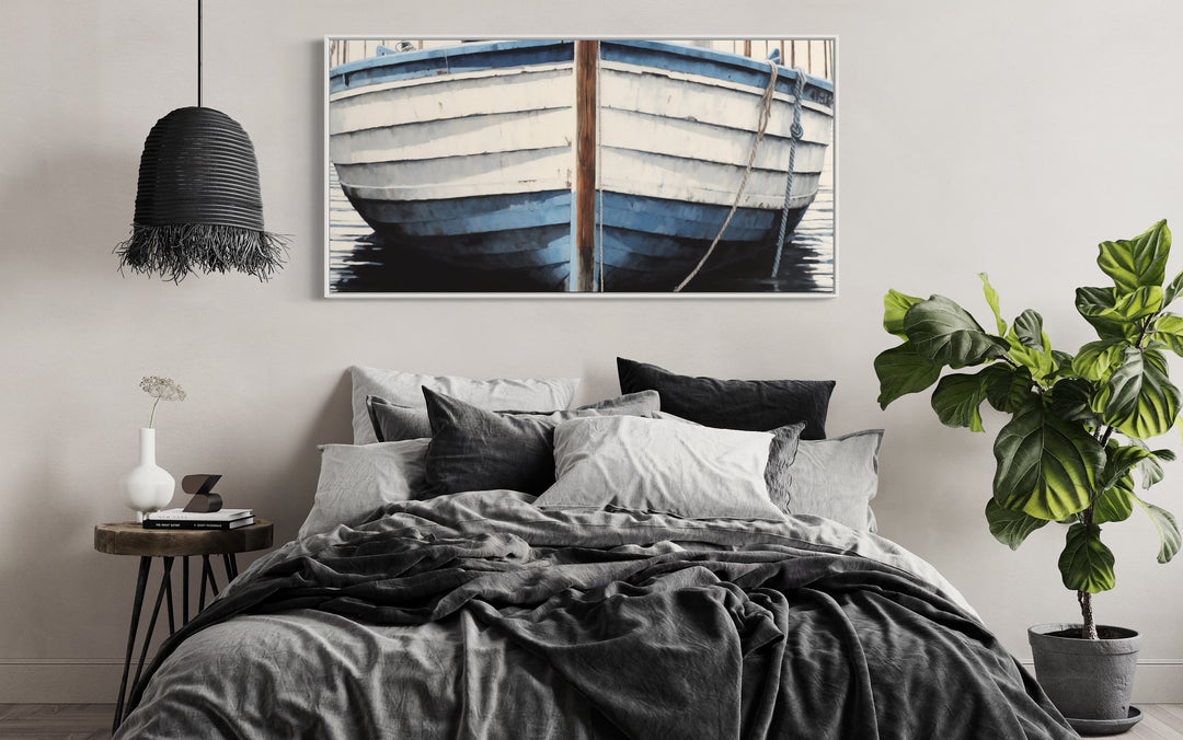 Blue White Rustic Boat Wall Art For Lake House above bed