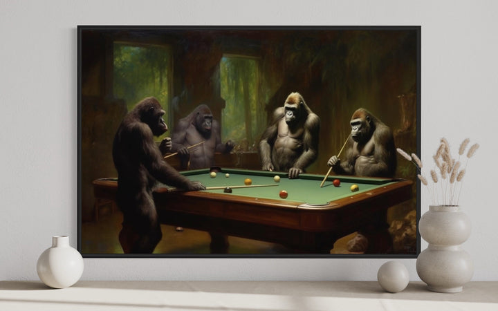 Gorillas Playing Billiards Framed Pool Room Canvas Wall Art close up