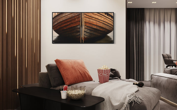 Old Brown Wooden Boat Framed Canvas Wall Art in living room