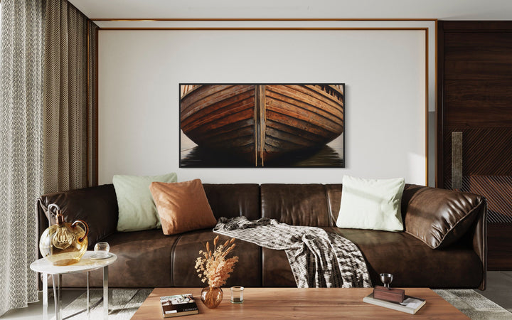 Old Brown Wooden Boat Framed Canvas Wall Art in brown living room