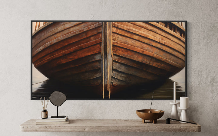 Old Brown Wooden Boat Framed Canvas Wall Art close up