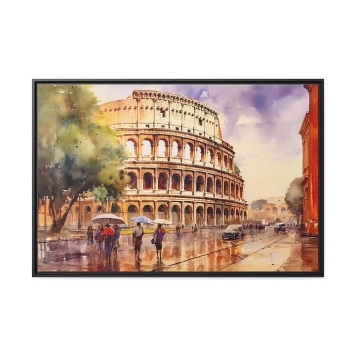 Rome Street With The Colosseum Vintage Framed Canvas Wall Art close up