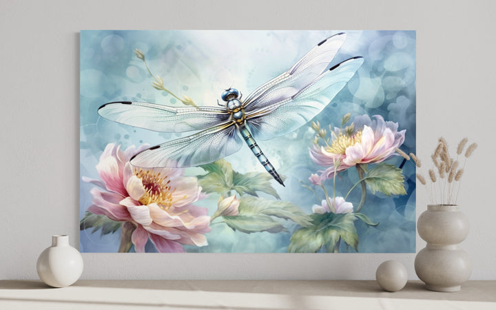 Dragonfly On Flower Shabby Chic Watercolor Wall Art