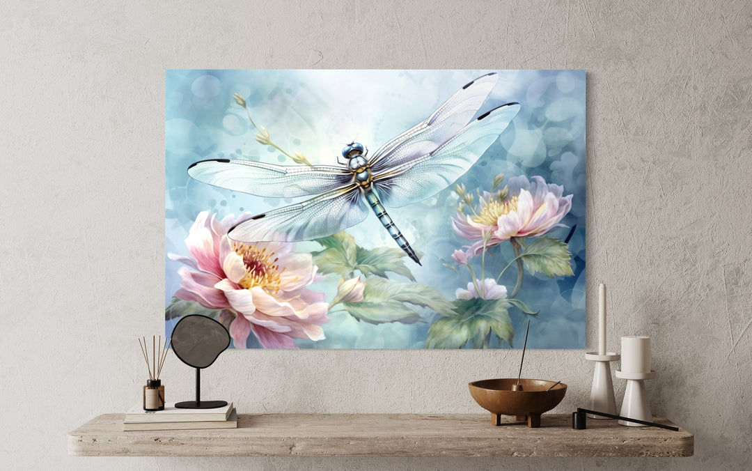 Dragonfly On Flower Shabby Chic Watercolor Wall Art close up