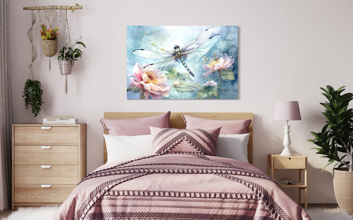 Dragonfly On Flower Shabby Chic Watercolor Wall Art above bed