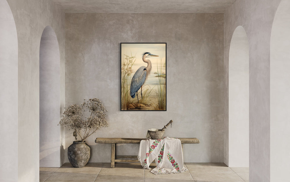 Blue Heron Vintage Framed Canvas Wall Art in rustic home