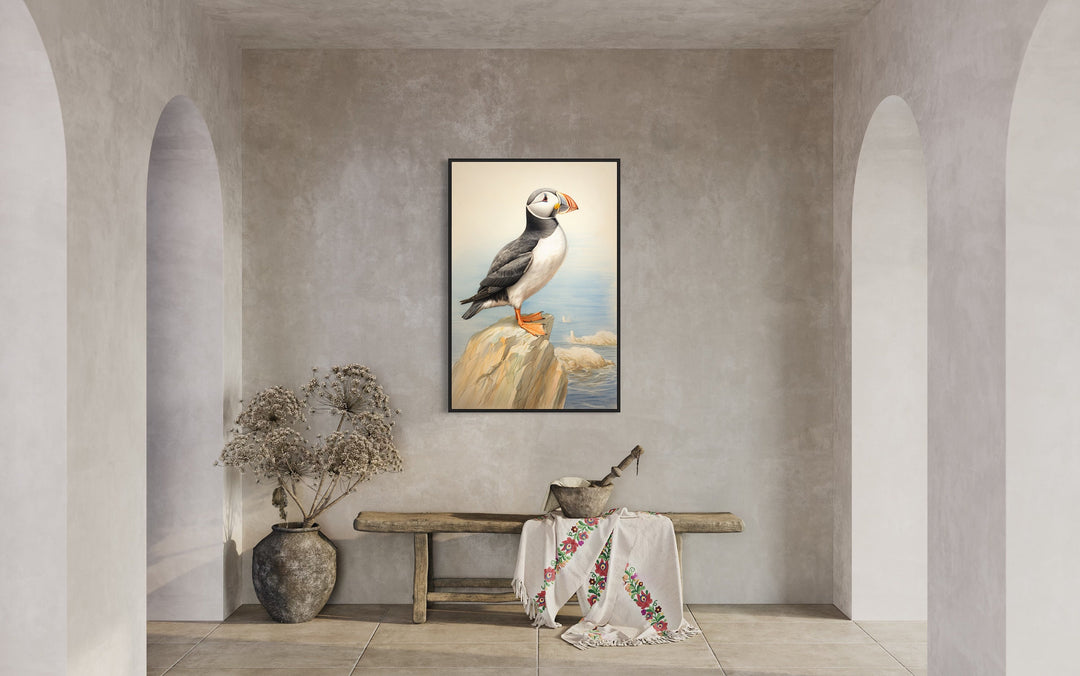 Vintage Puffin Painting Coastal Birds Framed Canvas Wall Art in rustic room