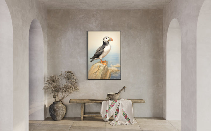 Vintage Puffin Painting Coastal Birds Framed Canvas Wall Art in rustic room