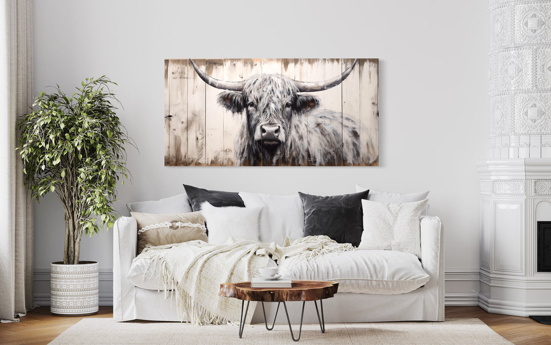 Highland Cow Painting Farmhouse Wall Art above white couch