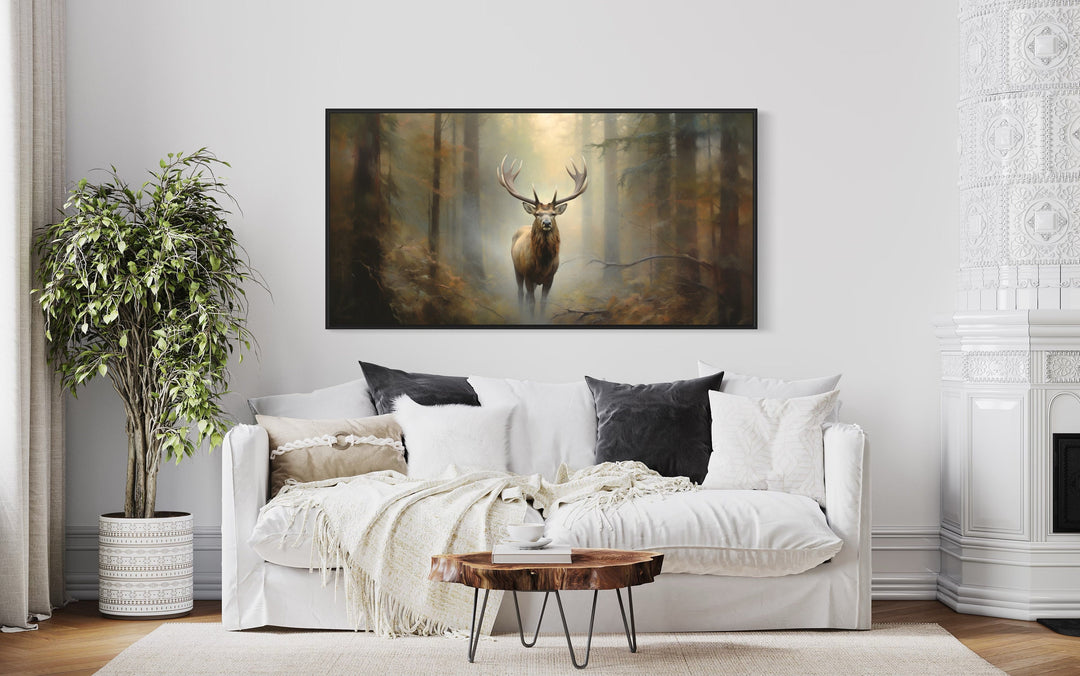 Elk in Foggy Green Forest Extra Large Wall Art above white couch