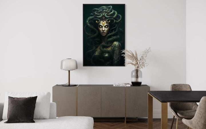 Green Medusa Gorgon Greek Mythology Framed Canvas Wall Art above table