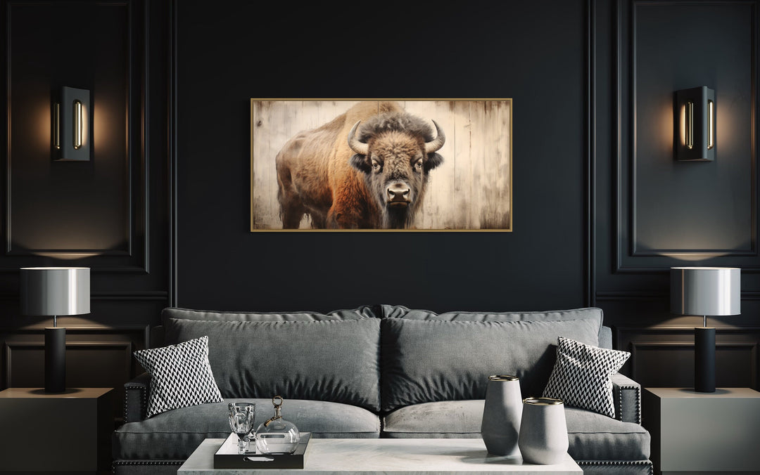 Rustic American Bison Painted On Wood Framed Canvas Wall Art above couch