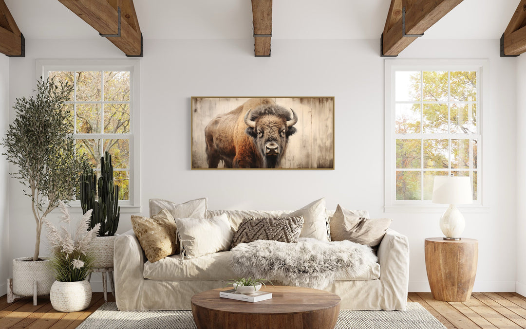 Rustic American Bison Painted On Wood Framed Canvas Wall Art above beige couch