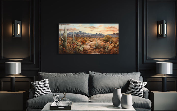 Desert Landscape With Cacti Southwestern Wall Art above grey couch