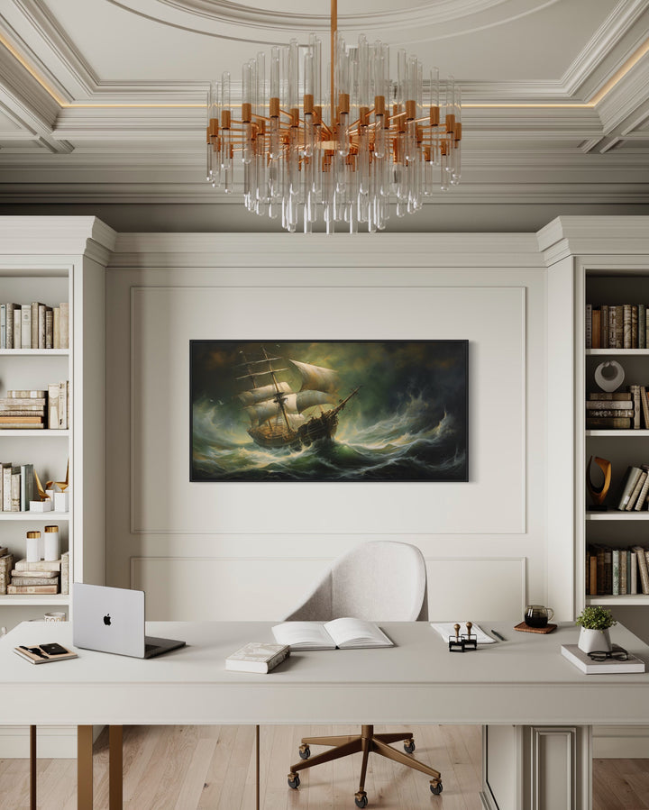 Pirate Ship in Ocean Storm Nautical Wall Art in office