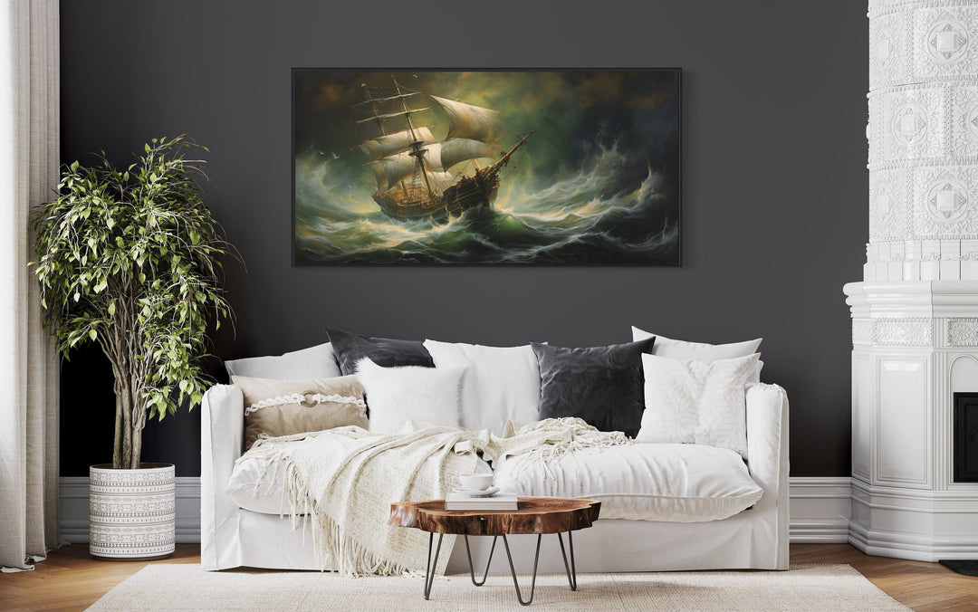 Pirate Ship in Ocean Storm Nautical Wall Art above white couch