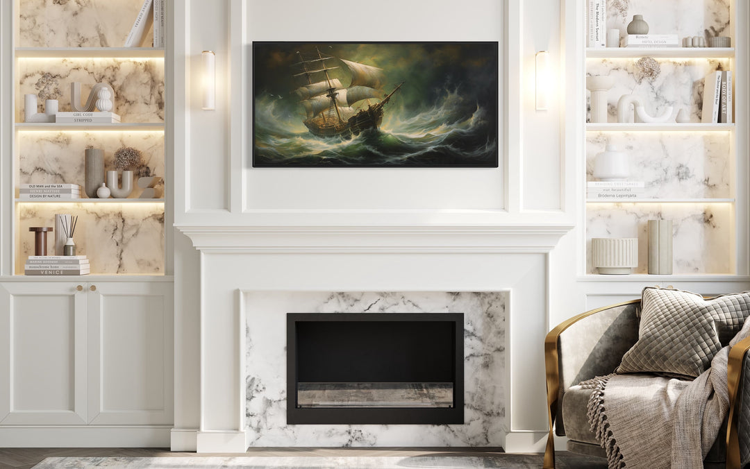 Pirate Ship in Ocean Storm Nautical Wall Art above fireplace
