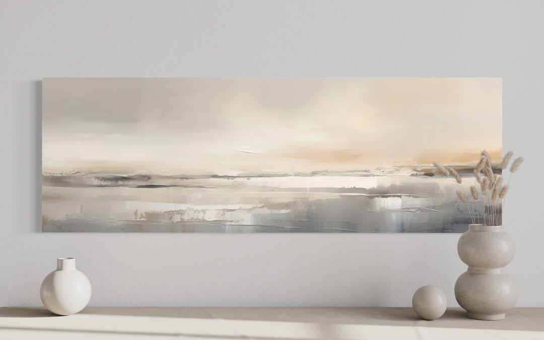 Minimalist Neutral Abstract Watercolor Ocean Beach Horizontal Over Bed Wall Art close up