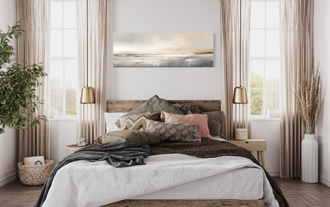 Minimalist Neutral Abstract Watercolor Ocean Beach Horizontal Over Bed Wall Art above bed