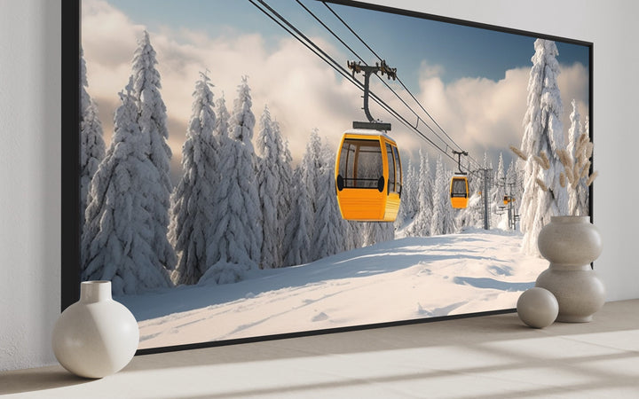 Yellow Chairlift In Ski Resort Framed Canvas Wall Art side view