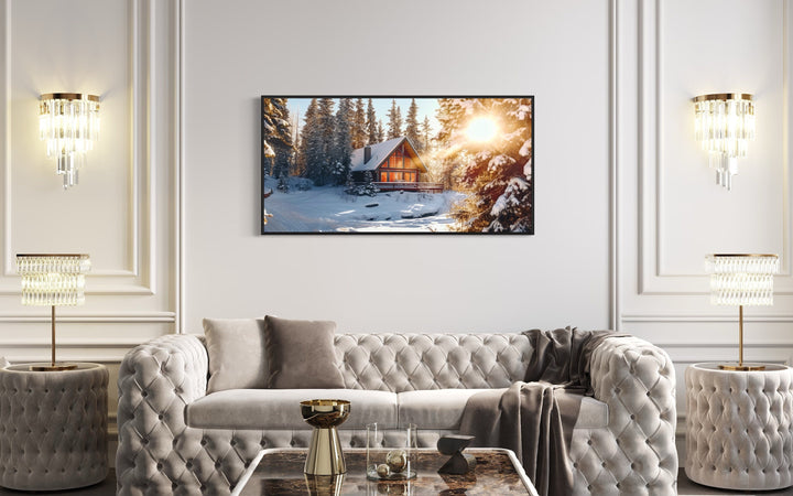 Cabin In The Woods In Snow Framed Canvas Wall Art in white room