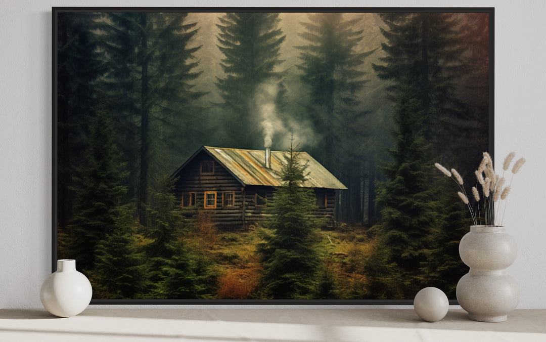 Cabin in The Dark Woods Framed Canvas Wall Art close up