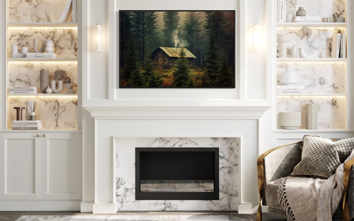 Cabin in The Dark Woods Framed Canvas Wall Art over mantel