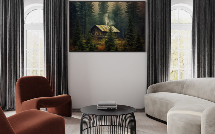 Cabin in The Dark Woods Framed Canvas Wall Art in living room