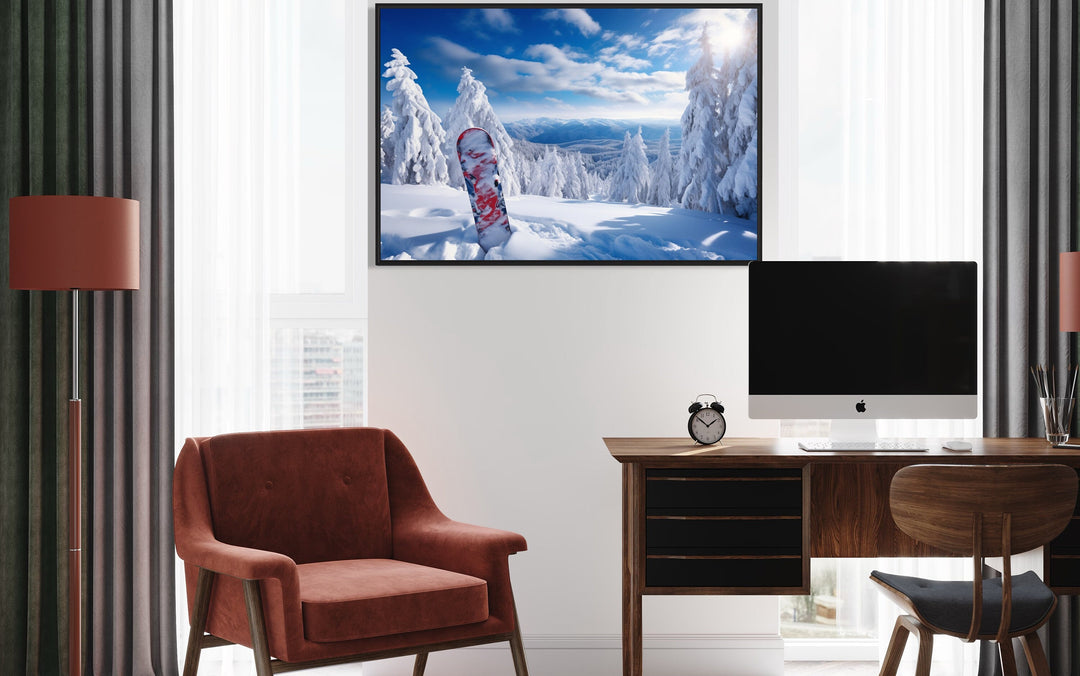 Snowboard In Snowy Mountains Winter Framed Canvas Wall Art in the office