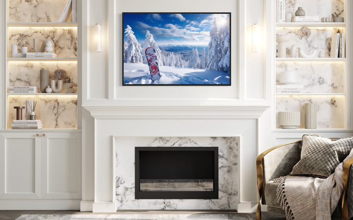 Snowboard In Snowy Mountains Winter Framed Canvas Wall Art