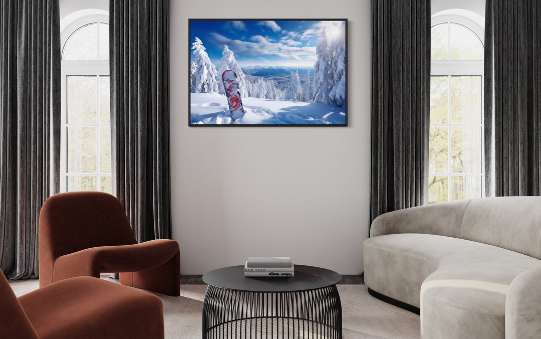 Snowboard In Snowy Mountains Winter Framed Canvas Wall Art in living room