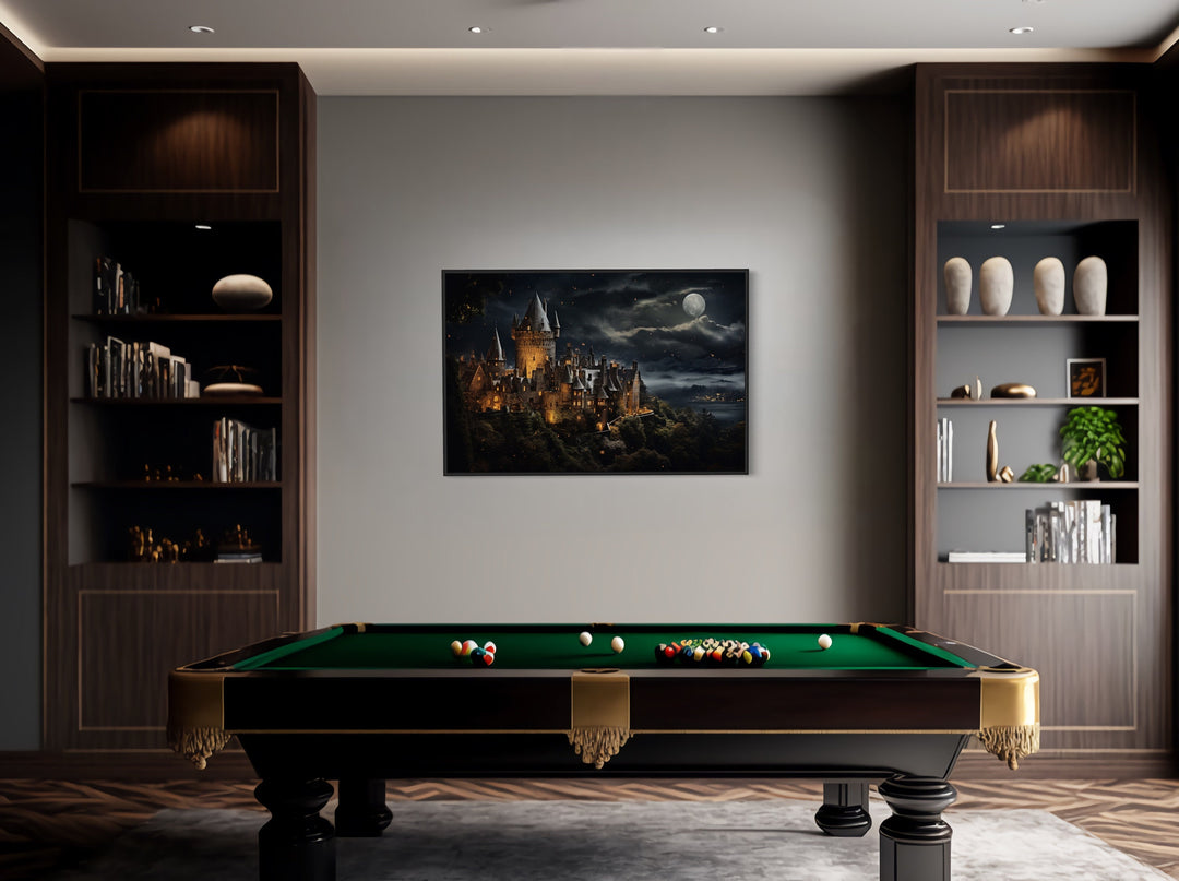 Magical Wizard Castle At Night Framed Canvas Wall Art in billiards room