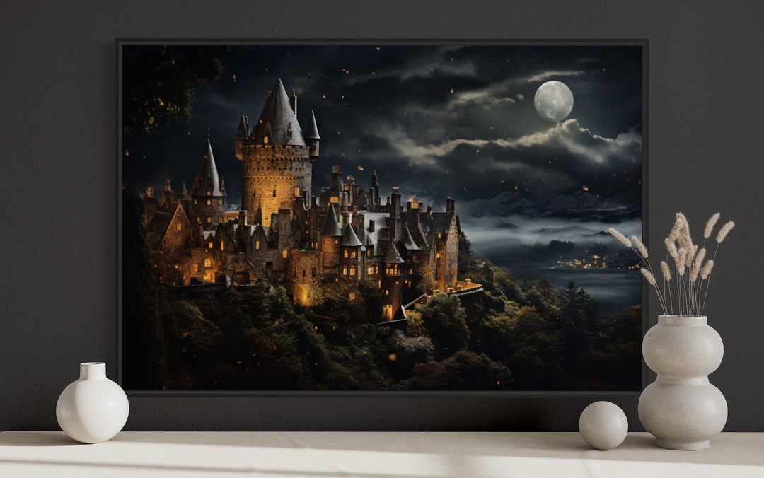 Magical Wizard Castle At Night Framed Canvas Wall Art close up