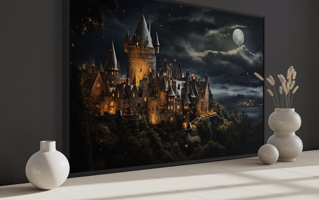 Magical Wizard Castle At Night Framed Canvas Wall Art side view