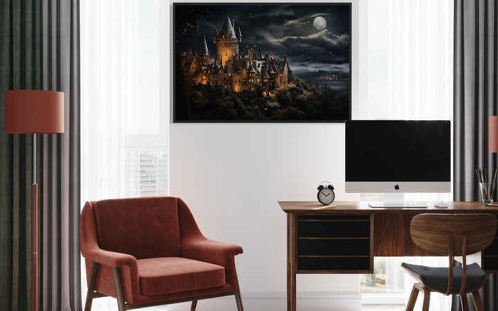 Magical Wizard Castle At Night Framed Canvas Wall Art in office