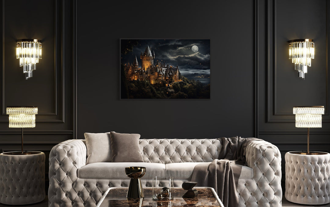 Magical Wizard Castle At Night Framed Canvas Wall Art above white couch