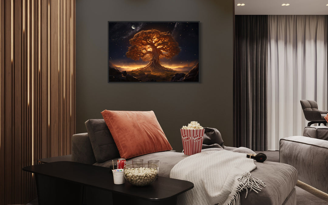 Tree Of Life Wall Art Norse Mythology Framed Canvas Wall Art in man cave