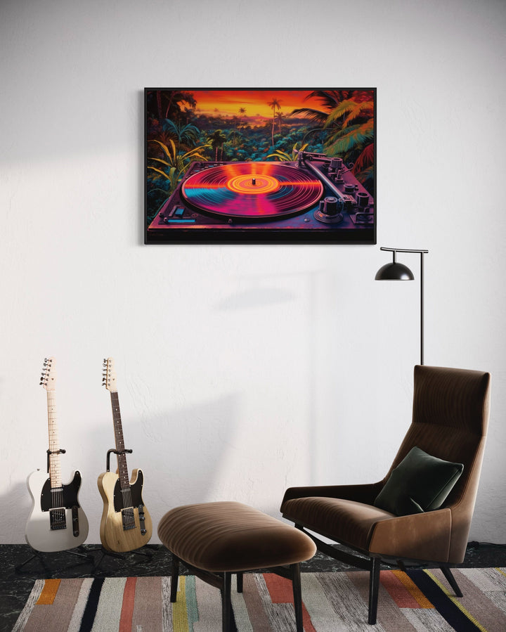 Vinyl Record Player Synthwave Music Framed Canvas Wall Art in music room