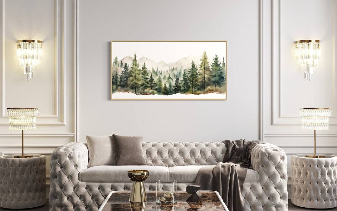 Sage Green Forest Mountain Landscape Framed Canvas Wall Art in living room