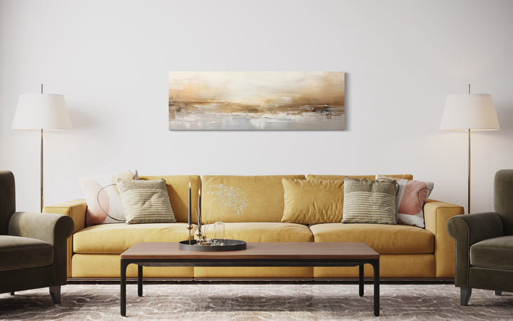 White And Gold Abstract Long Narrow Over Bed Wall Art in living room