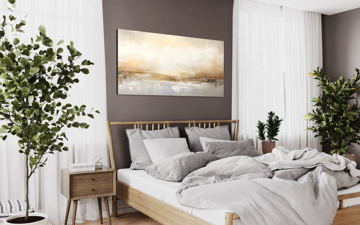 White Gold Elegant Abstract Painting canvas wall art above bed