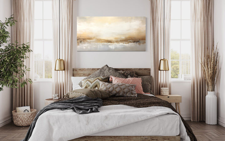 White Gold Elegant Abstract Painting canvas wall art in bedroom