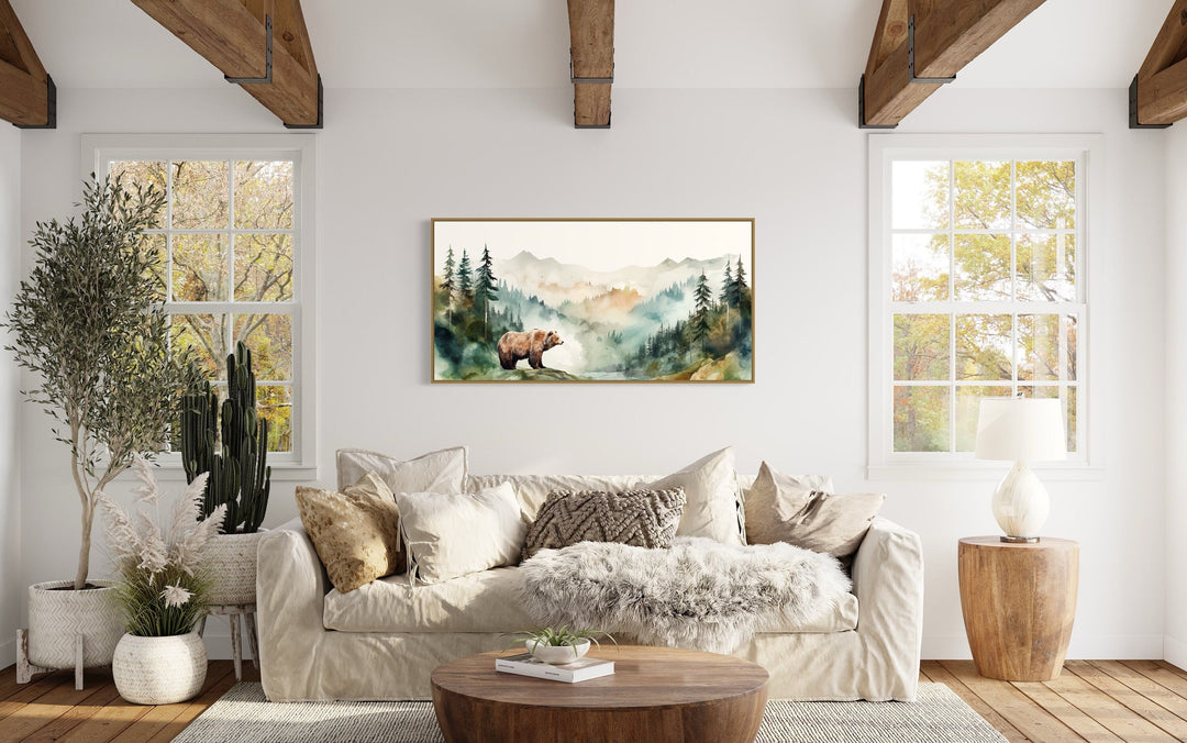 Bear In The Wilderness Forest Watercolor Framed Canvas Wall Art above beige couch